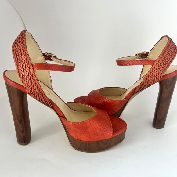 Jessica Simpson Orange Block Heels Woven straps Orange Heel Sandals Size 7.5 - Picture 4 of 9